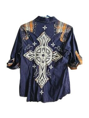 Affliction Bling Snap Shirt Womens S Roll Tab 3/4 Sleeve Rhinestones Embroidered